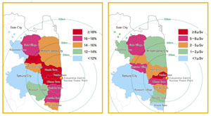  The distribution of psychological distress in evacuation zone (A) and environmental radiation levels (μsV/h) in evacuation zone (B). Fukushima Health Management Survey, https://pubmed.ncbi.nlm.nih.gov/27391446/